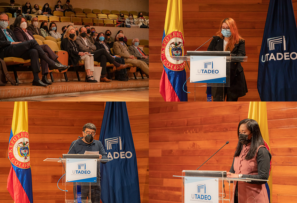 Pastora Correa durante el homenaje, Laura Fernanda Bolaños, estudiante del programa de diseño gráfico; en representación de los alumnos, profesora de la Facultad de Artes y Diseño, Johanna Zárate y Pedro José Duque.