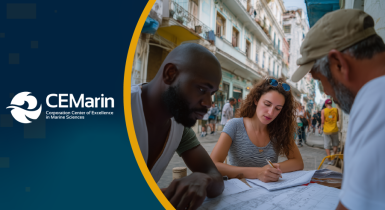 Bogotá, Colombia Logo de CEMarín junto a imagen de tres personas revisando apuntes de estudio