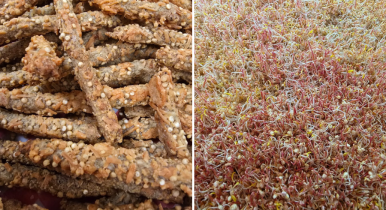 Mosaico que muestra el snack para celiacos listo para su consumo y en su fase de producción